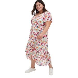 Torrid Floral White Gauze Button Front Tea Length Dress US 2X